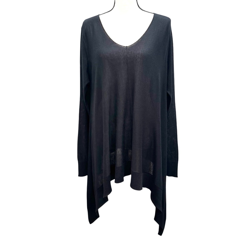 DKNY BLACK SILK CASHMERE V NECK ASYMMETRIC HEM FLOWY SWEATER